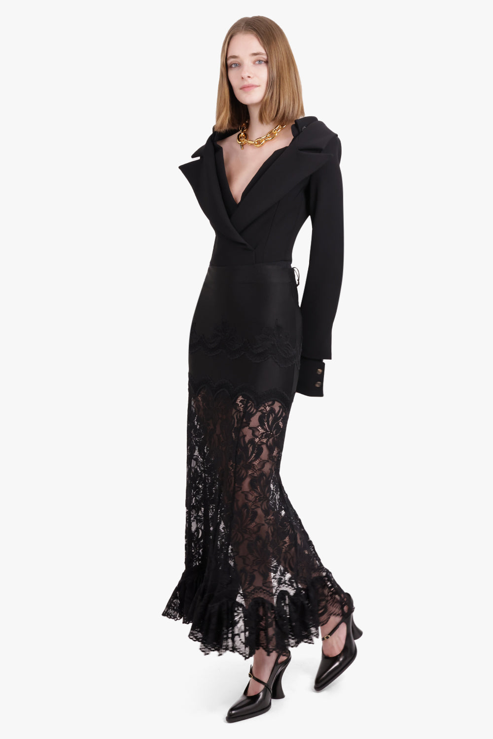 AWAKE MODE RTW Low Cut Decollete Crossover Shirt Jacket Detail Bodysuit | Black