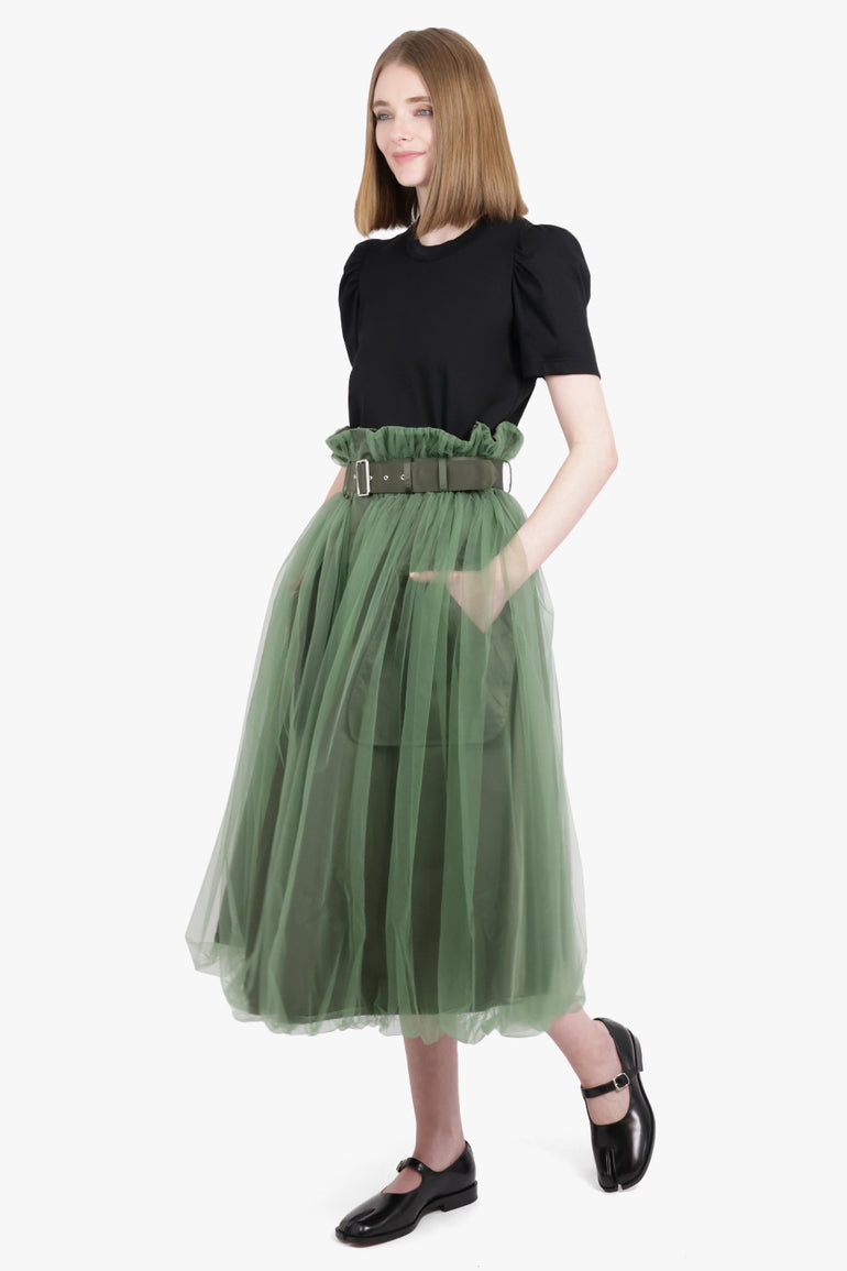 NOIR KEI NINOMIYA RTW Tulle Overlay Belted Midi Skirt | Khaki