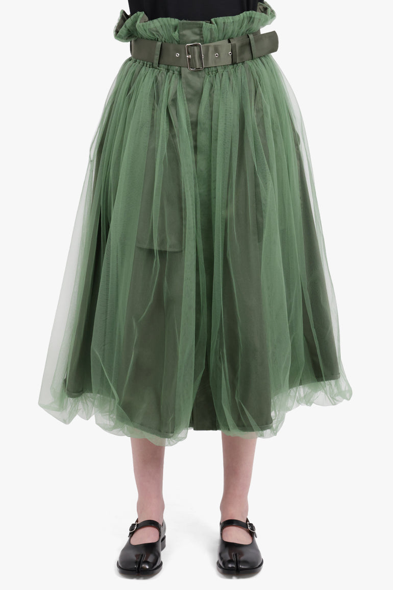 NOIR KEI NINOMIYA RTW Tulle Overlay Belted Midi Skirt | Khaki
