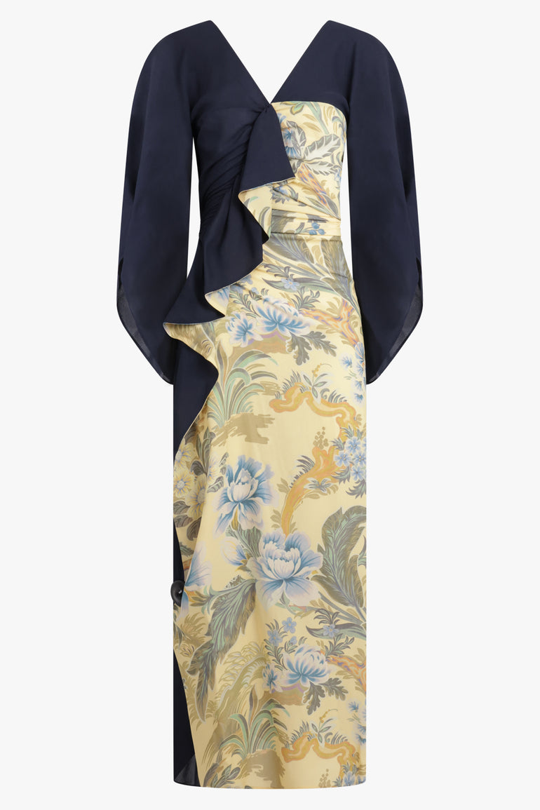 Kimono Style Draped Floral Print Midi Dress | Black/Yellow Parlour X Kimono Style Draped Floral Print Midi Dress | Black/Yellow Parlour X