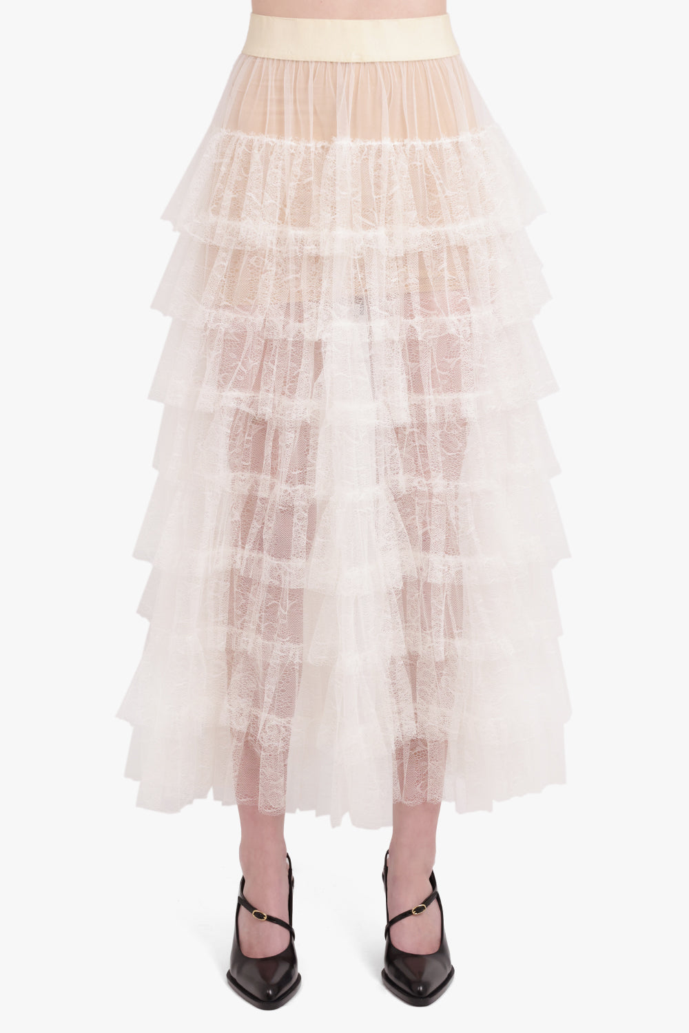 UMA WANG RTW Gram Layered Tulle Midi Skirt | Off White