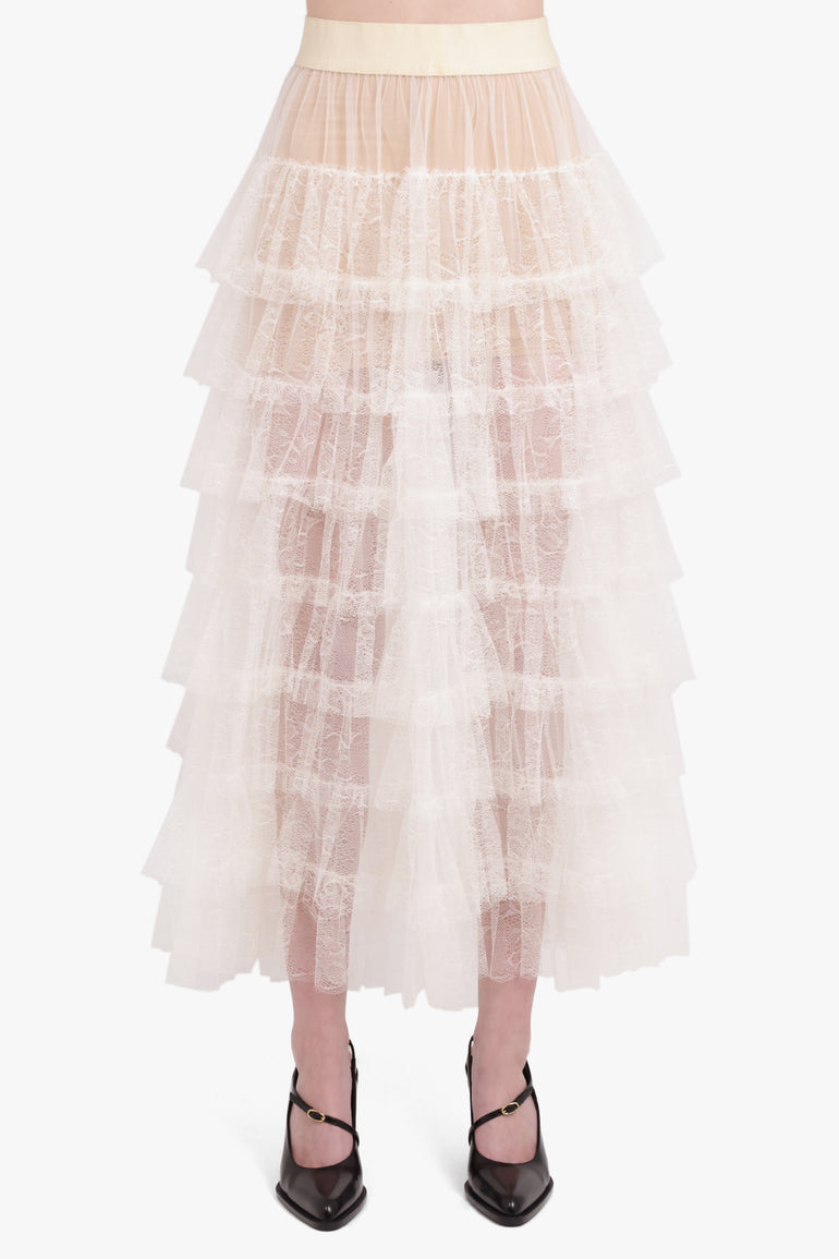 UMA WANG RTW Gram Layered Tulle Midi Skirt | Off White