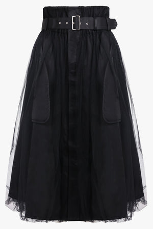 NOIR KEI NINOMIYA RTW Tulle Overlay Belted Midi Skirt | Black