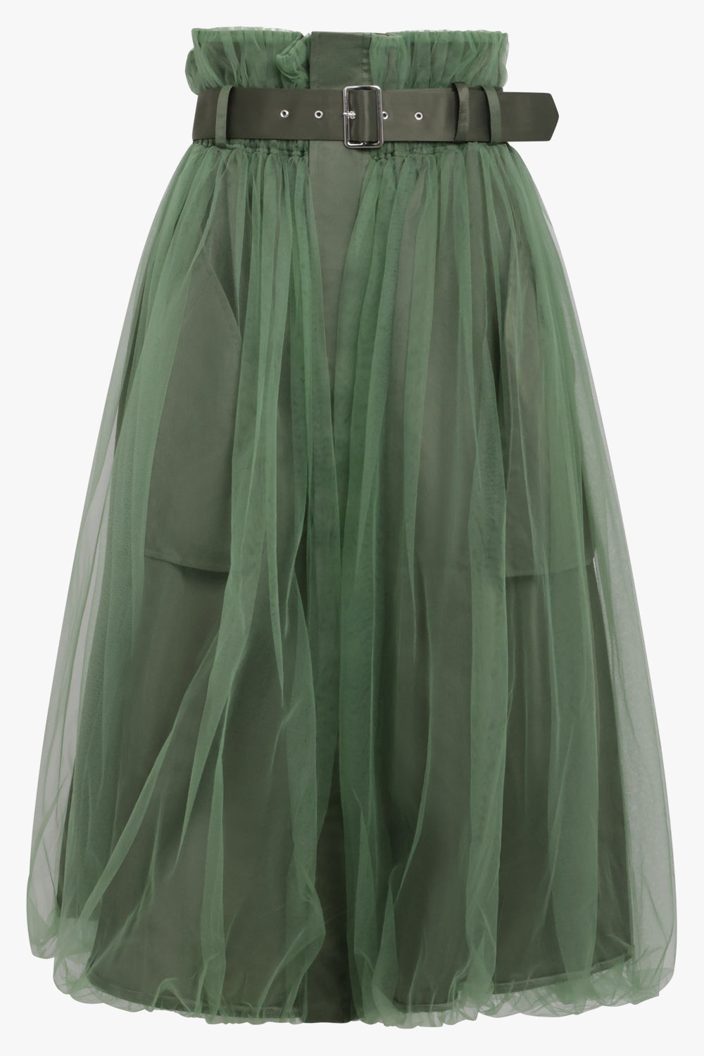 NOIR KEI NINOMIYA RTW Tulle Overlay Belted Midi Skirt | Khaki