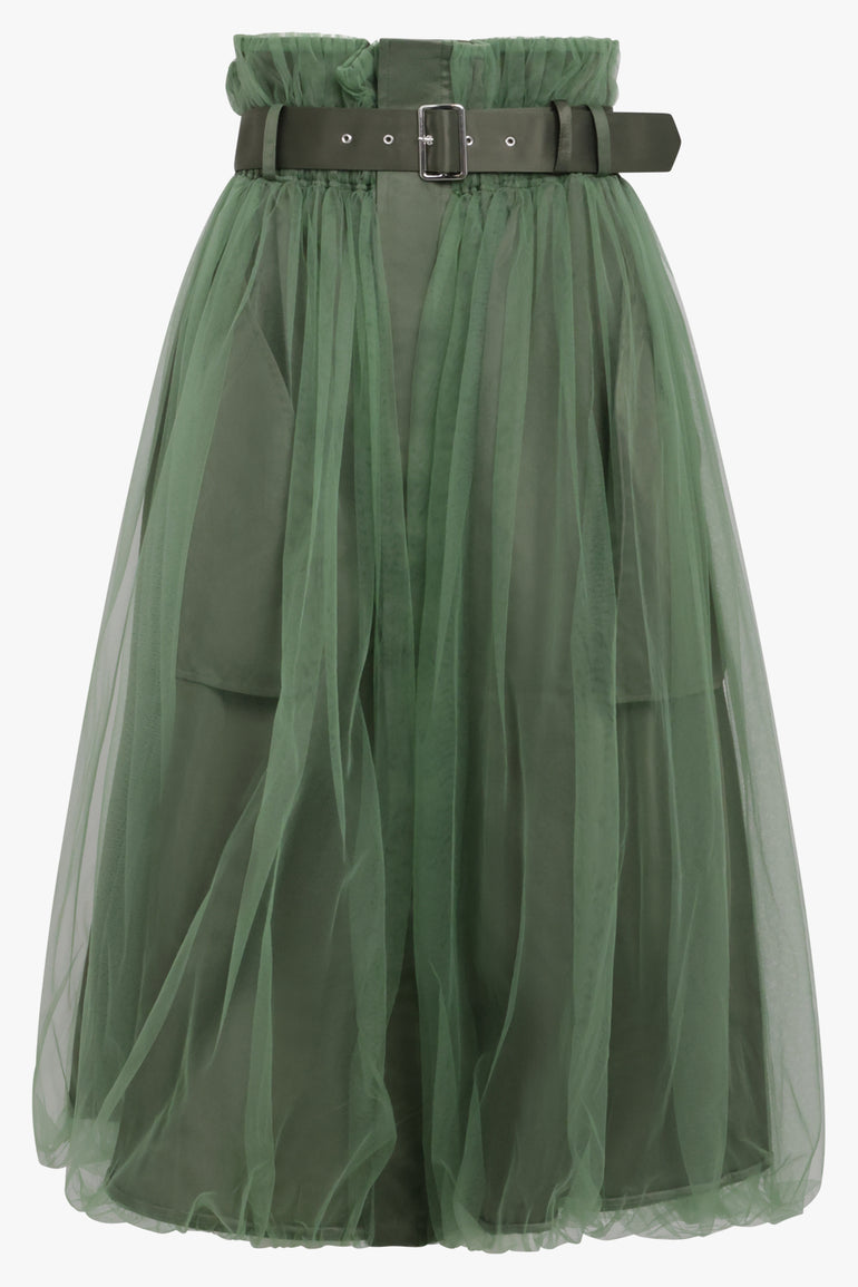 NOIR KEI NINOMIYA RTW Tulle Overlay Belted Midi Skirt | Khaki