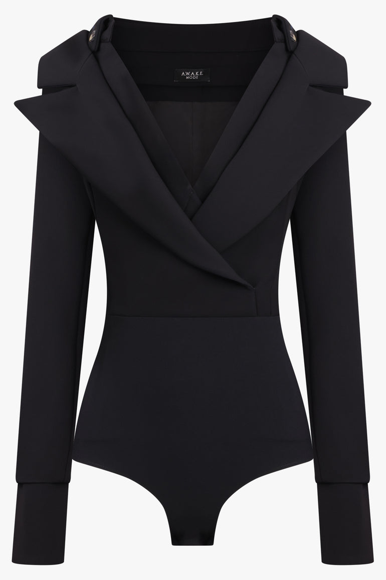 AWAKE MODE RTW Low Cut Decollete Crossover Shirt Jacket Detail Bodysuit | Black