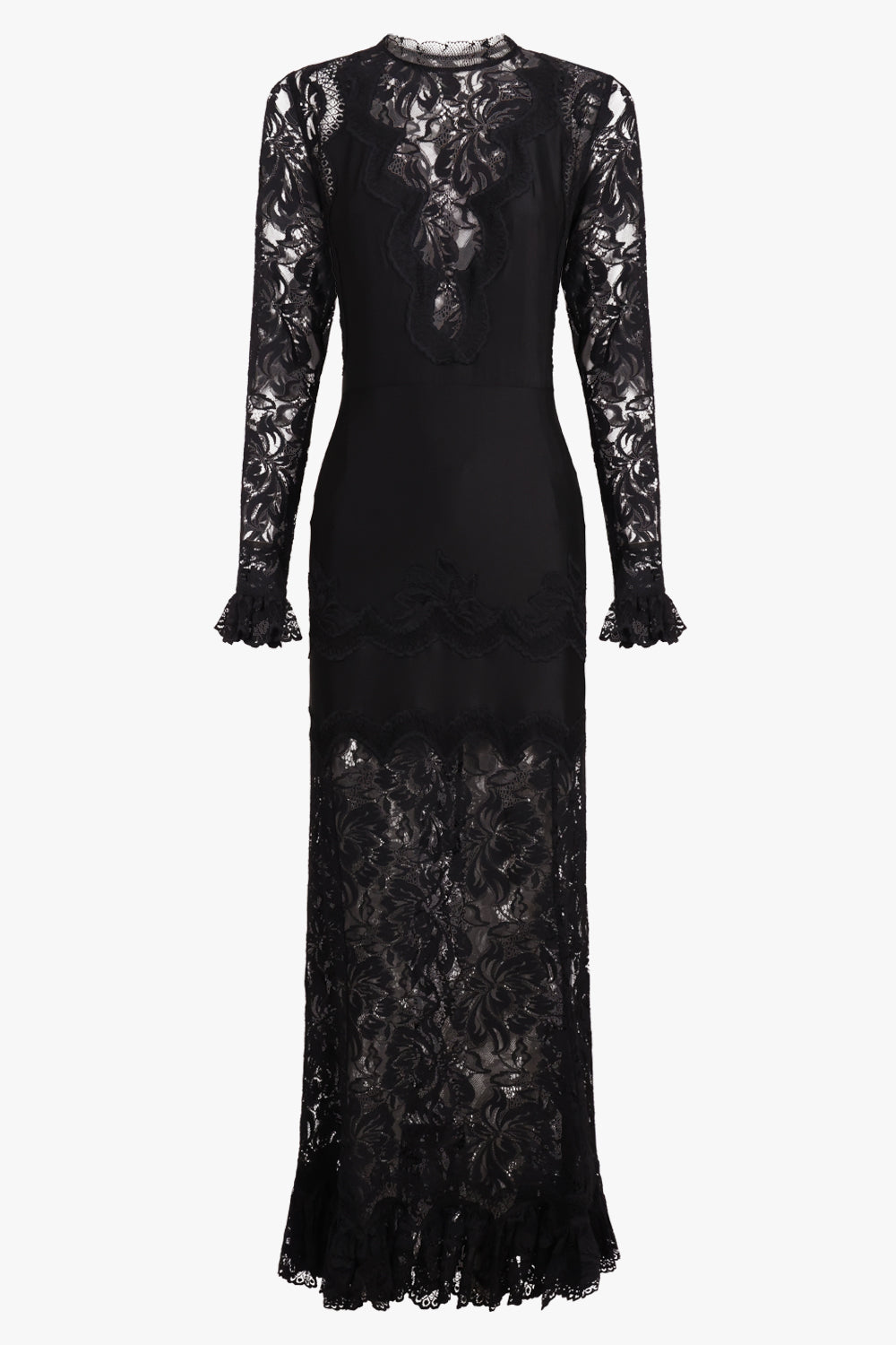 RABANNE RTW Lace L/S Maxi Gown with Ruffle Detail | Black