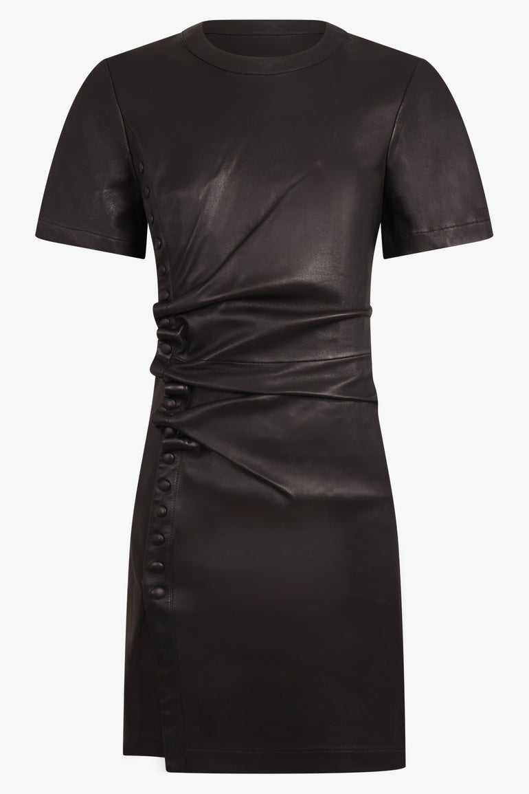 Leather S/S Asymmetric Ruched Mini Dress | Black Parlour X Leather S/S Asymmetric Ruched Mini Dress | Black Parlour X