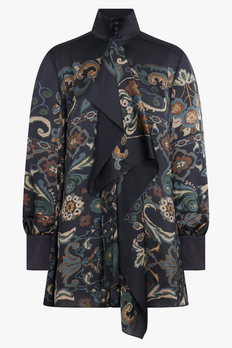 SACAI RTW Scarf L/S Floral Print High Neck Drape Mini Dress | Navy/Multi