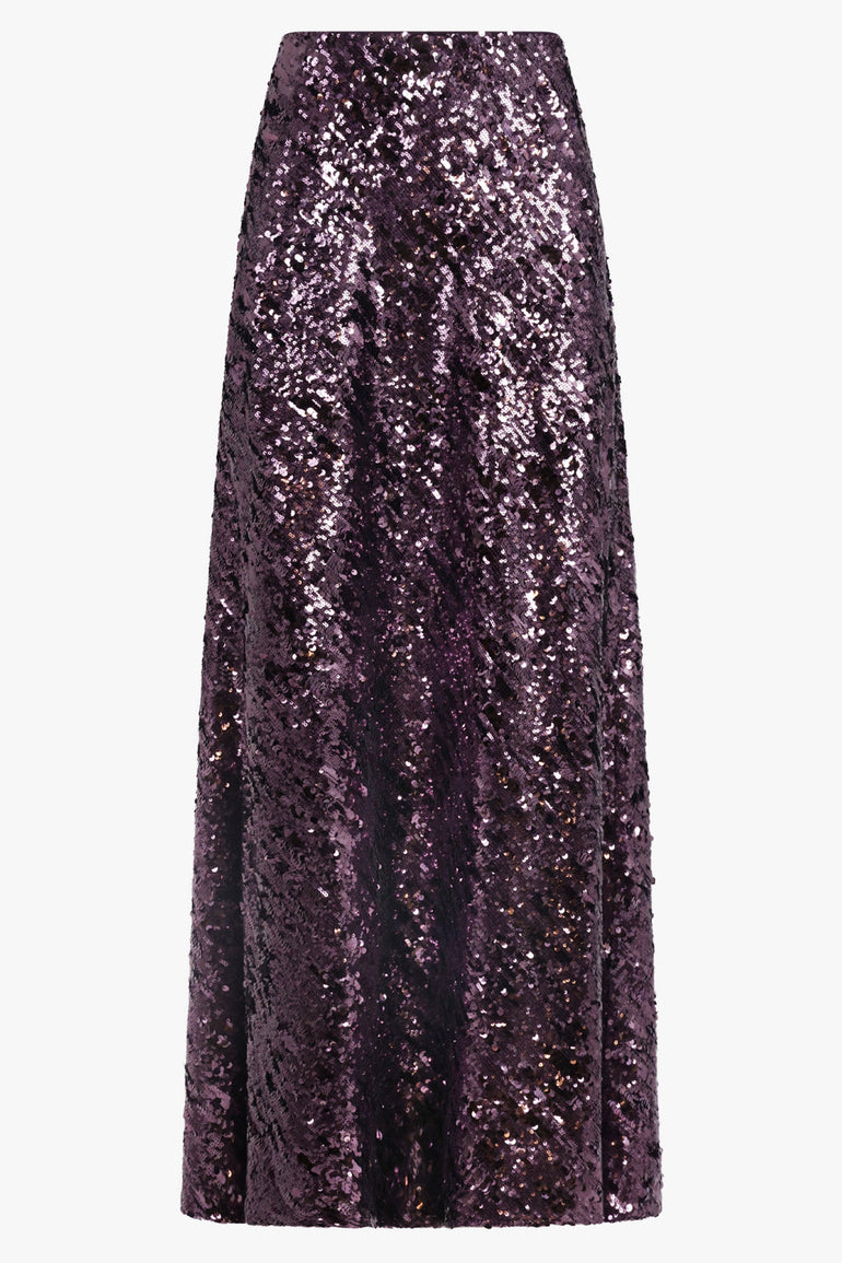 RABANNE RTW Sequin Flow Midi Skirt | Deep Purple
