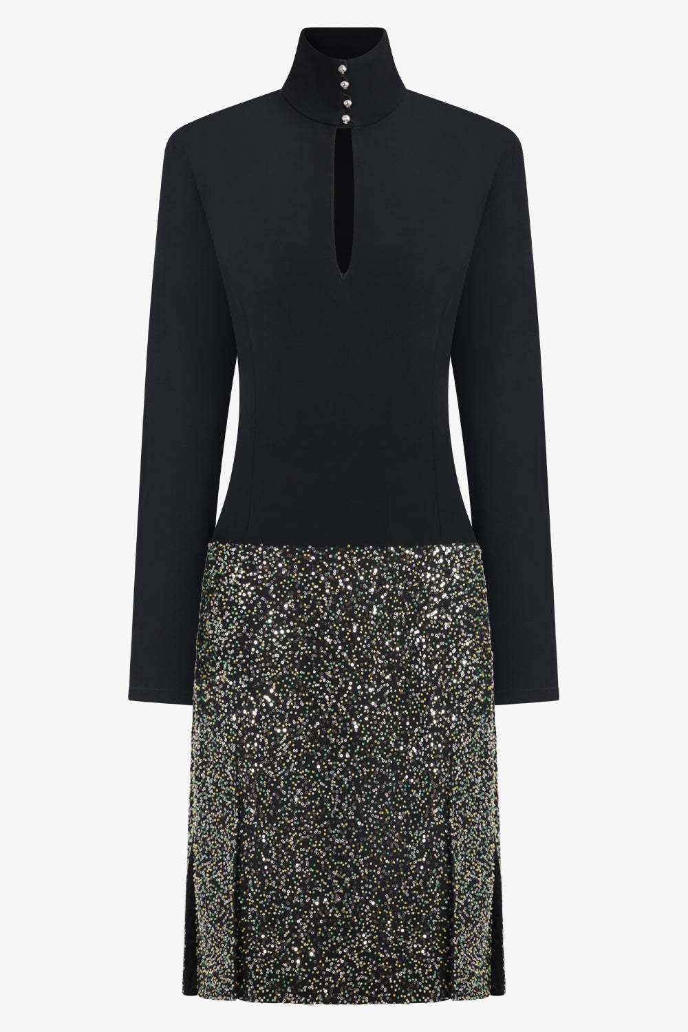 RABANNE RTW Contrast L/S Sequin Drop Waist Dress | Black/Silver