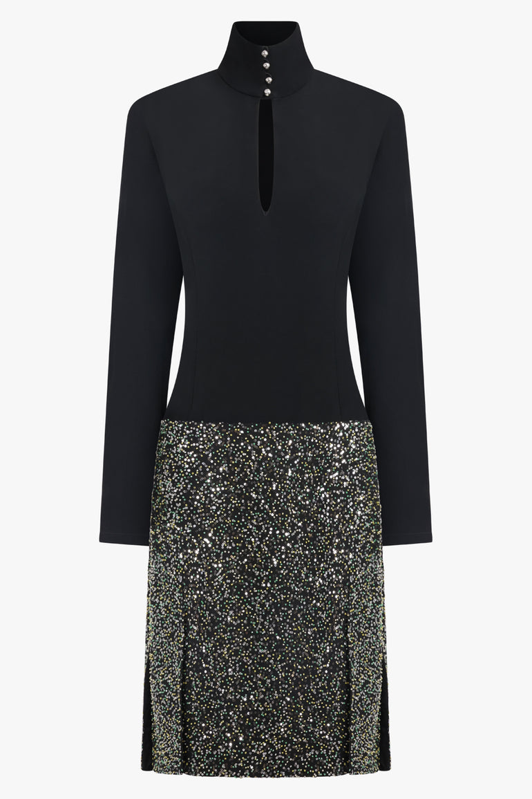 RABANNE RTW Contrast L/S Sequin Drop Waist Dress | Black/Silver