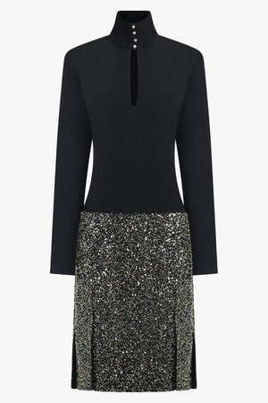 RABANNE RTW Contrast L/S Sequin Drop Waist Dress | Black/Silver