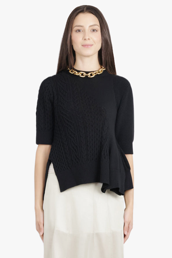 SACAI RTW 3/4 Sleeve Chain Knit With Asymmetric Hem Detail | Black