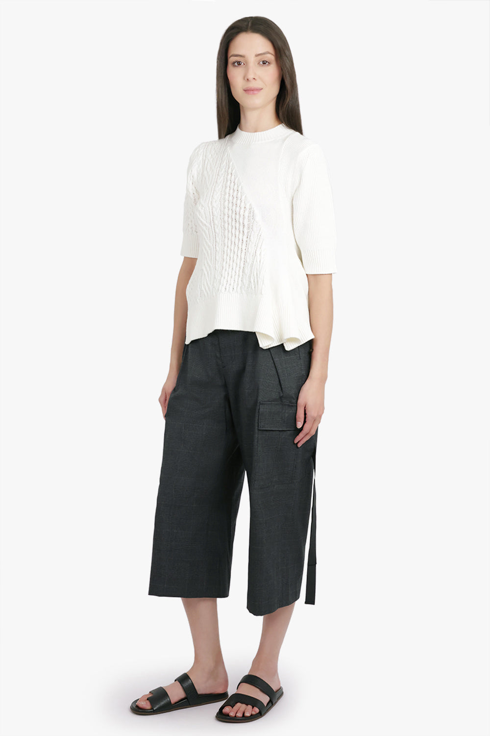 SACAI RTW 3/4 Sleeve Chain Knit With Asymmetric Hem Detail | Off White