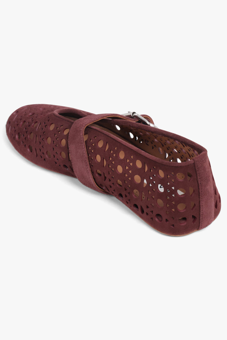 ALAIA SHOES Vienne Suede Perforated Ballet Flat | Garnet Red