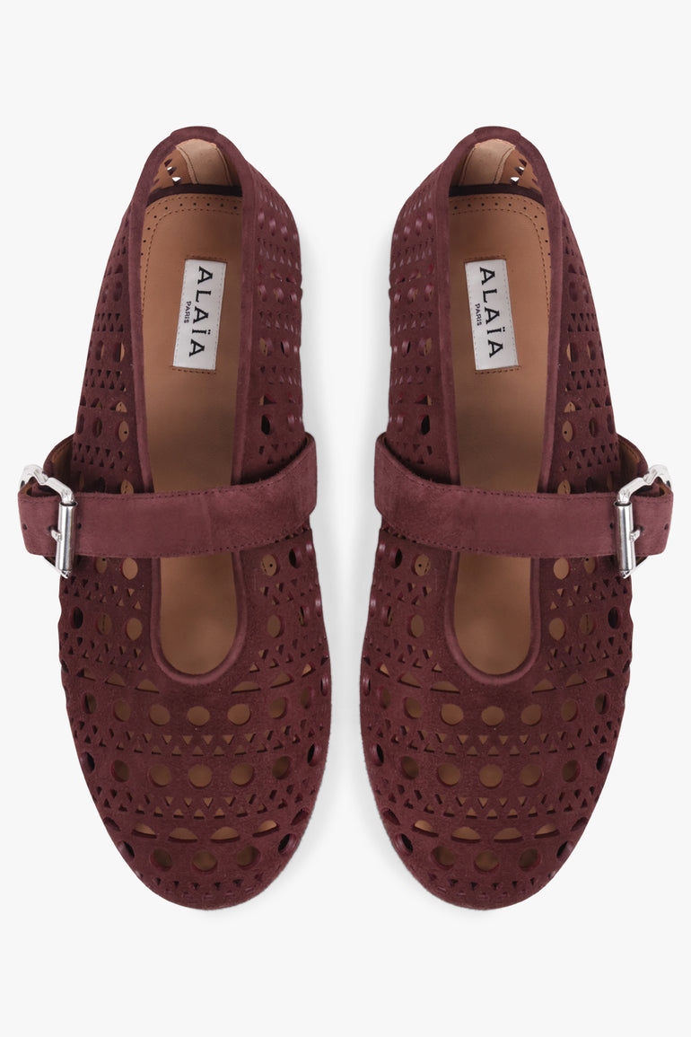 ALAIA SHOES Vienne Suede Perforated Ballet Flat | Garnet Red