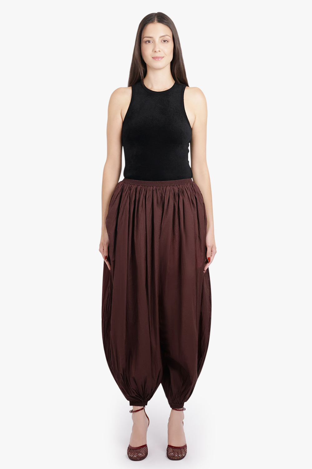 ALAIA RTW Lightweight Elastic Waist Balloon Leg Pant | Aubergine