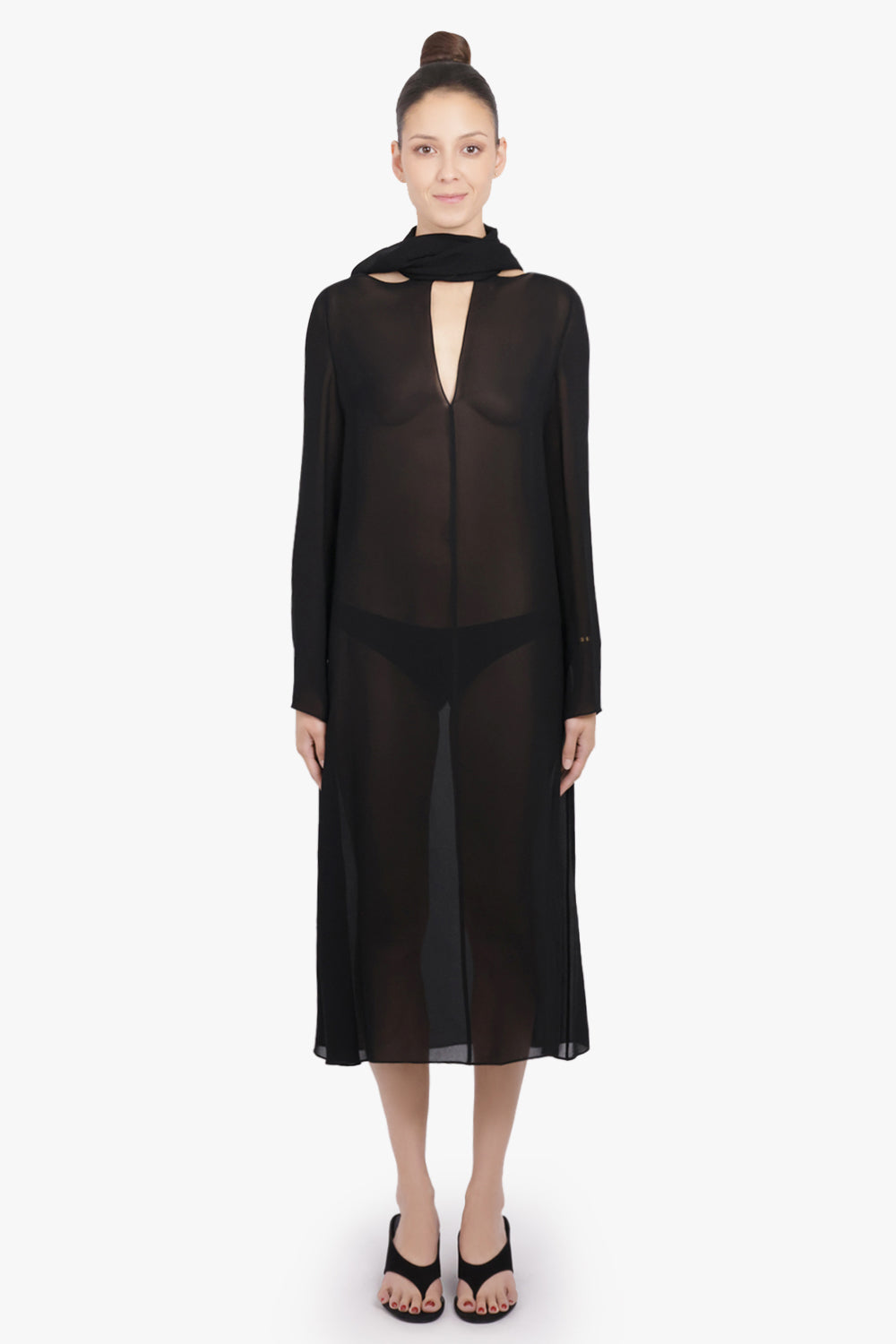 ALAIA RTW Bow L/S Midi Drape Dress with Scarf Collar | Black