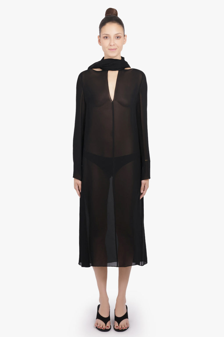 ALAIA RTW Bow L/S Midi Drape Dress with Scarf Collar | Black
