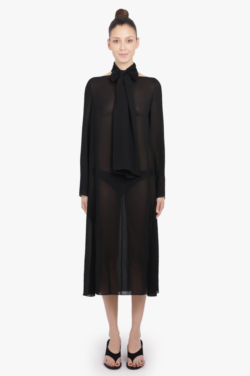 ALAIA RTW Bow L/S Midi Drape Dress with Scarf Collar | Black