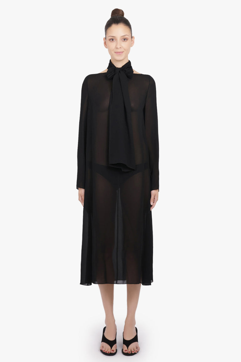 ALAIA RTW Bow L/S Midi Drape Dress with Scarf Collar | Black