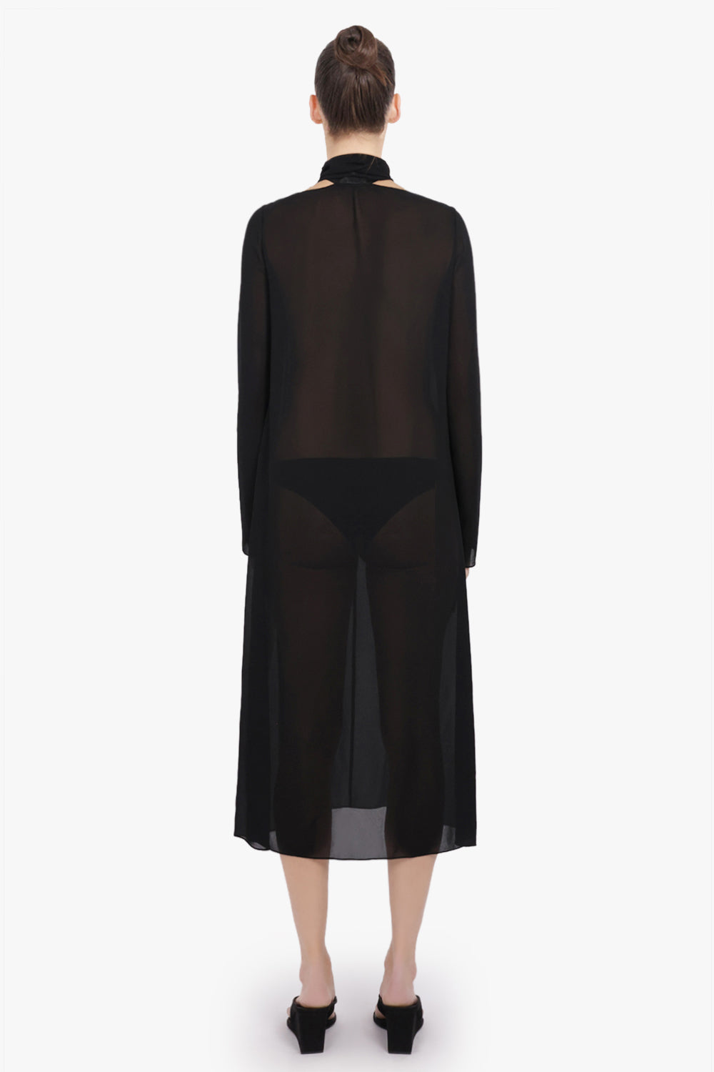 ALAIA RTW Bow L/S Midi Drape Dress with Scarf Collar | Black