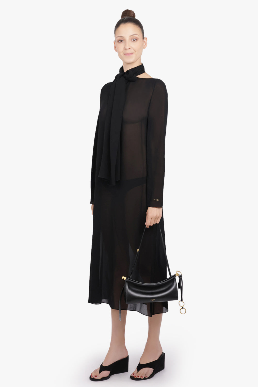 ALAIA RTW Bow L/S Midi Drape Dress with Scarf Collar | Black