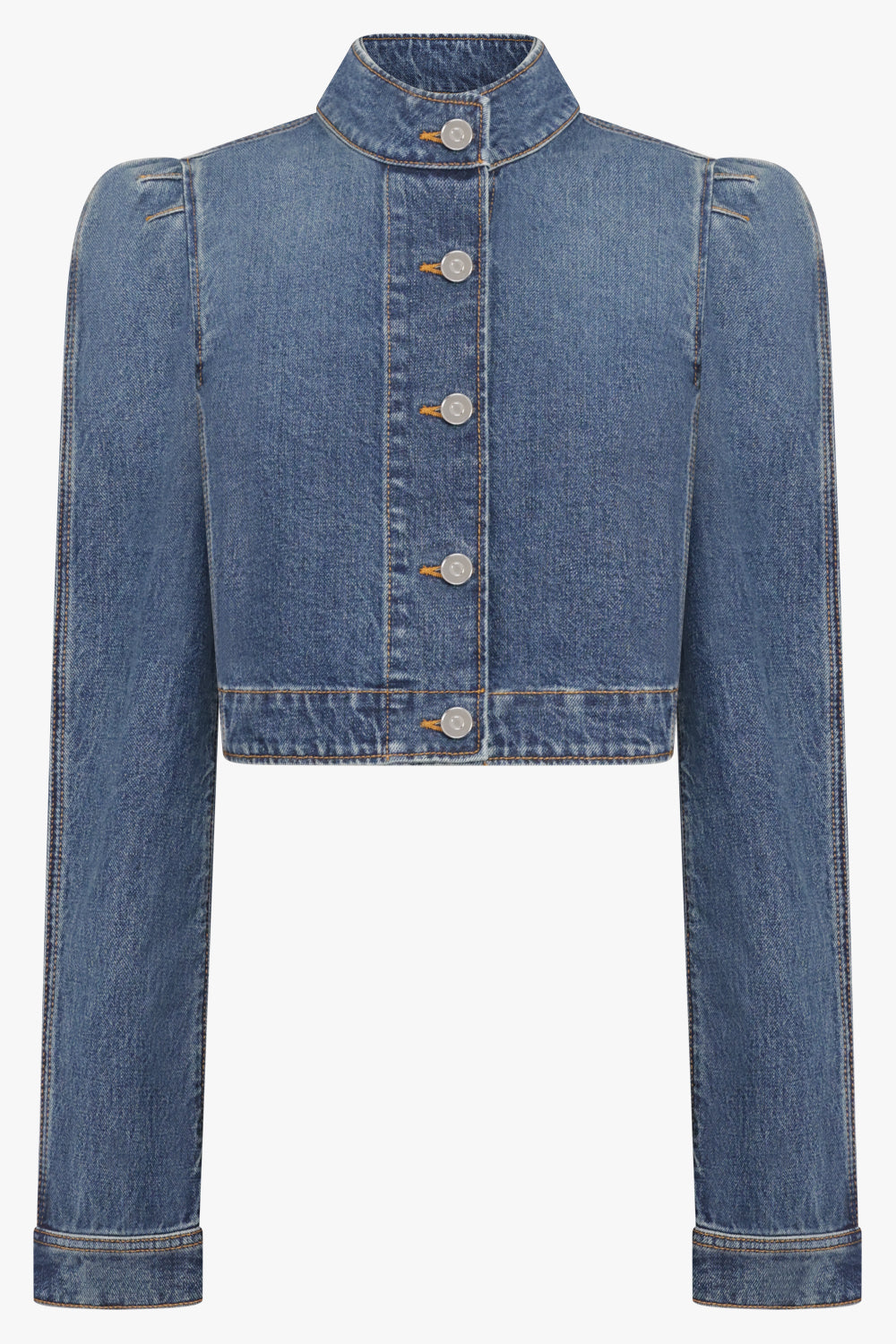 ALAIA RTW Cropped High-Neck Puff L/S Denim Jacket | Blue Flash