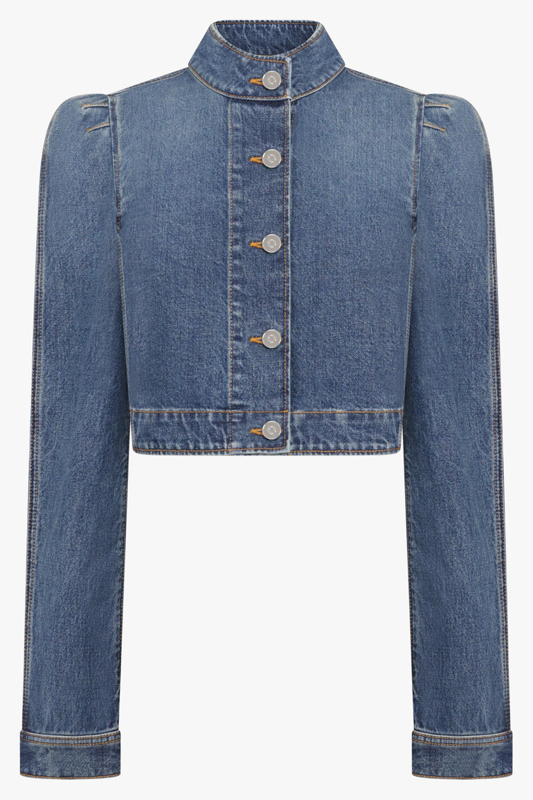 ALAIA RTW Cropped High-Neck Puff L/S Denim Jacket | Blue Flash