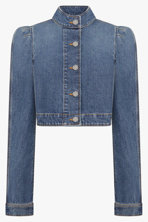 ALAIA RTW Cropped High-Neck Puff L/S Denim Jacket | Blue Flash