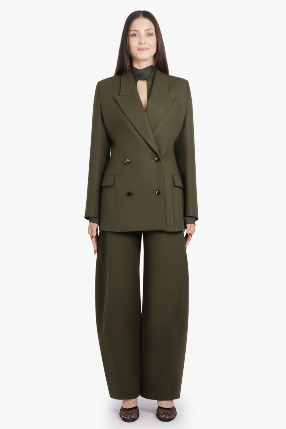 ALAIA RTW Double Breast Cinched Waist Jacket | Olive Green