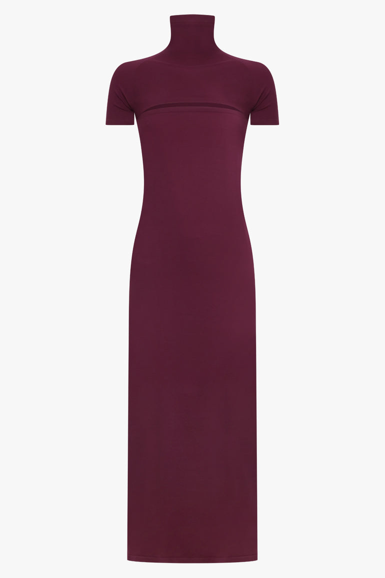 ALAIA RTW High-Neck Cut Out S/S Bodycon Midi Dress | Burgundy