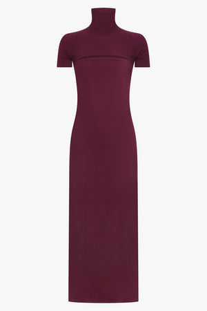 ALAIA RTW High-Neck Cut Out S/S Bodycon Midi Dress | Burgundy