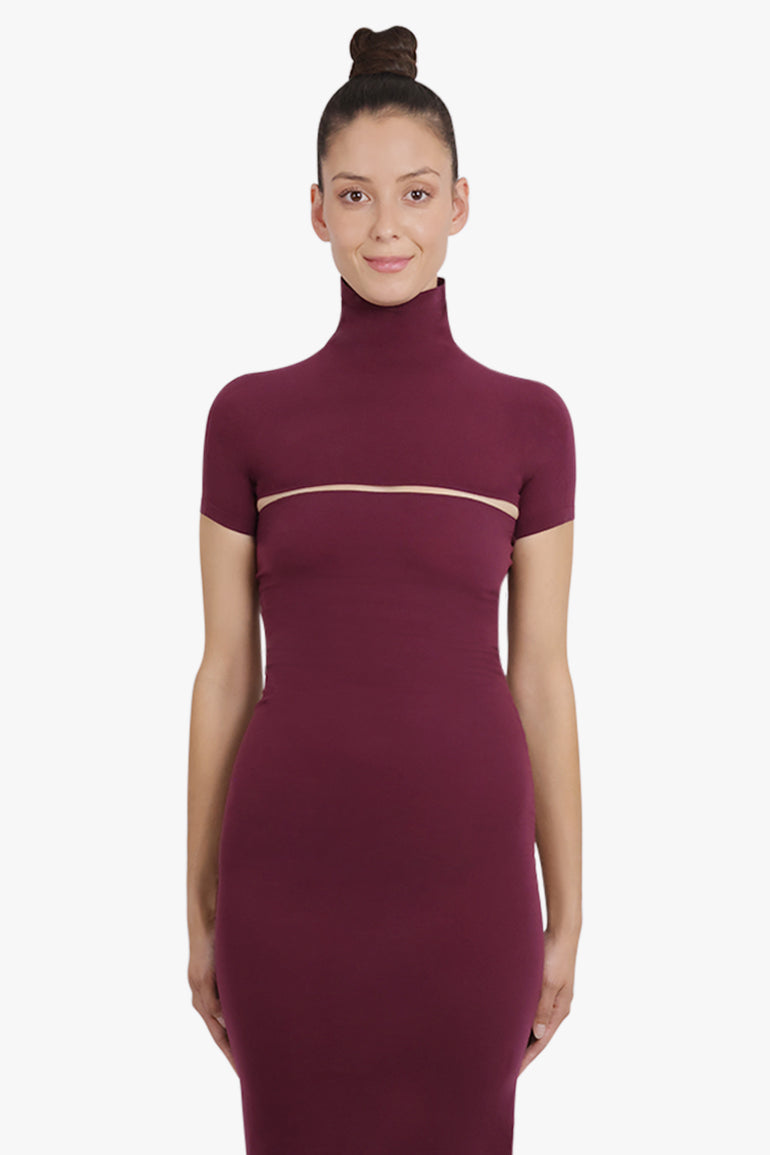 ALAIA RTW High-Neck Cut Out S/S Bodycon Midi Dress | Burgundy