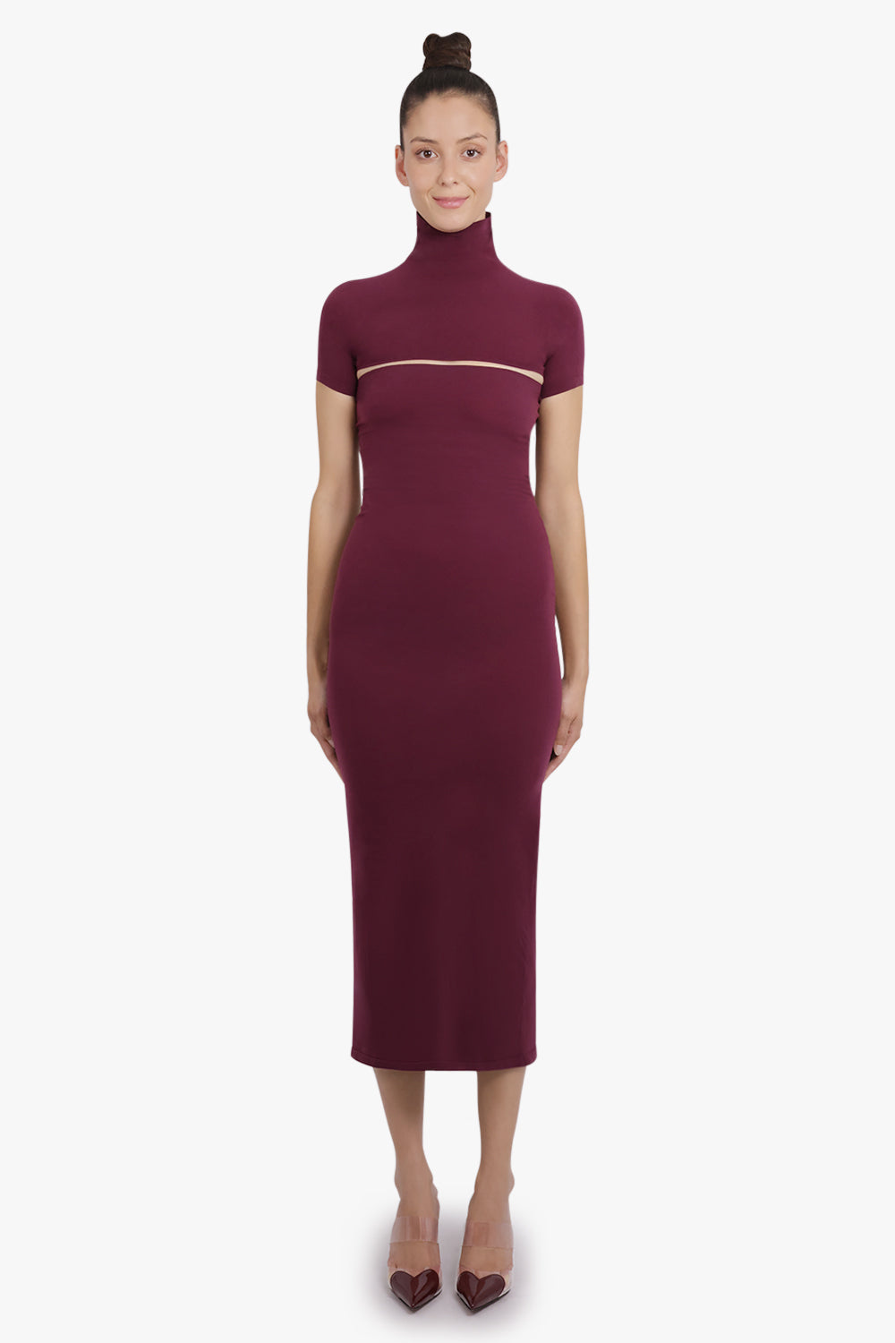ALAIA RTW High-Neck Cut Out S/S Bodycon Midi Dress | Burgundy