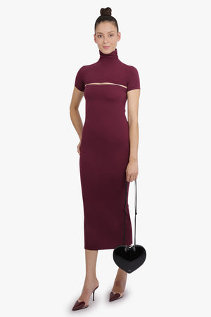 ALAIA RTW High-Neck Cut Out S/S Bodycon Midi Dress | Burgundy