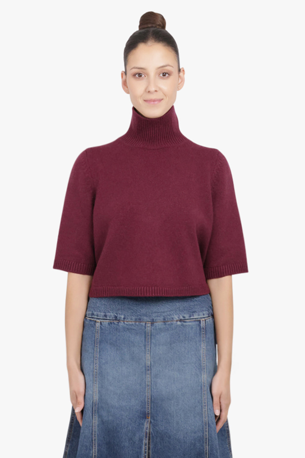 ALAIA RTW High-Neck S/S Cropped Knit | Bordeaux