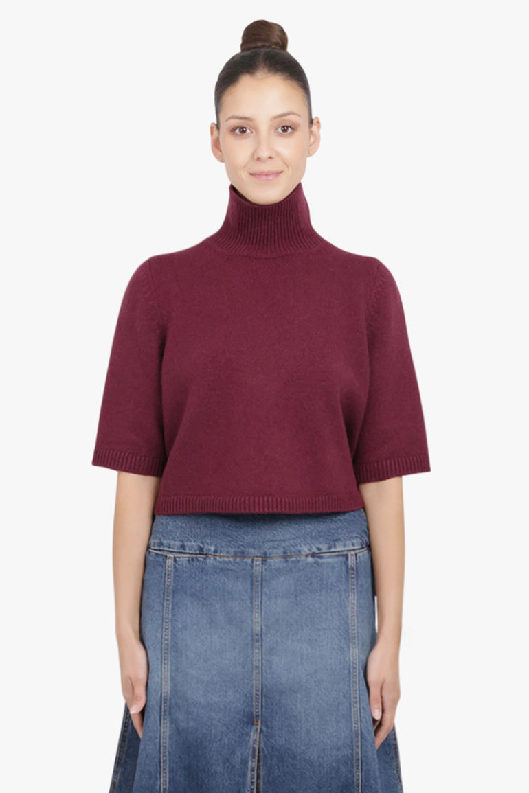 ALAIA RTW High-Neck S/S Cropped Knit | Bordeaux