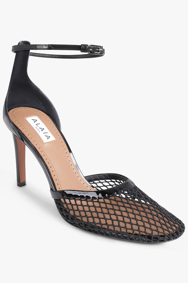 ALAIA SHOES Fishnet 90mm Ankle Strap Heel | Black