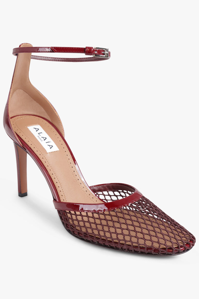 ALAIA SHOES Fishnet 90mm Ankle Strap Heel | Garnet Red