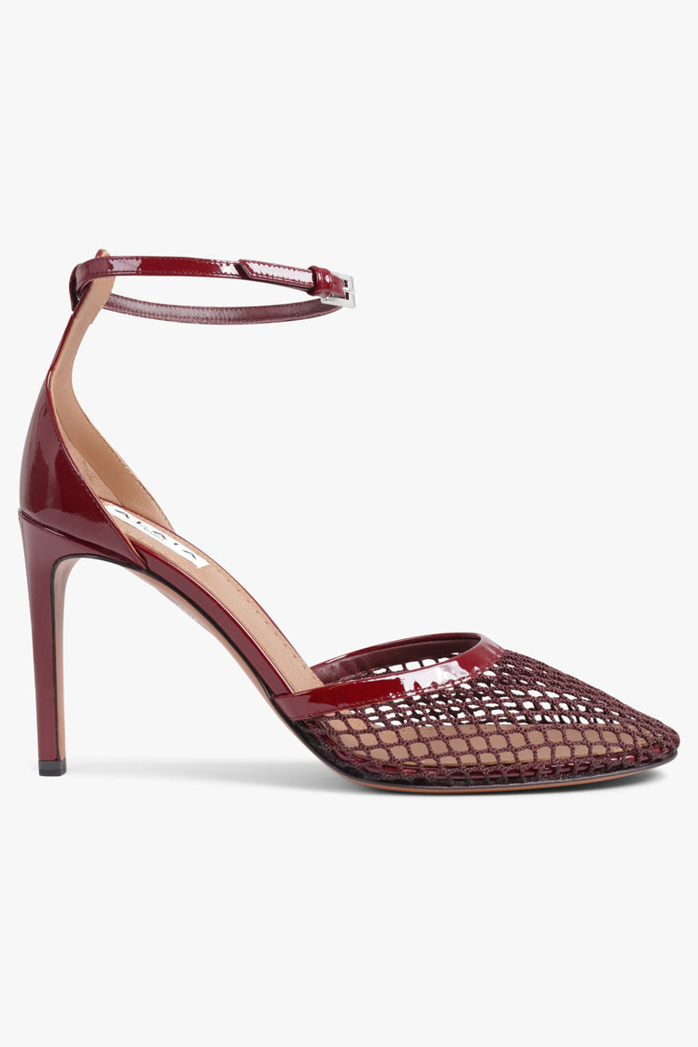 ALAIA SHOES Fishnet 90mm Ankle Strap Heel | Garnet Red