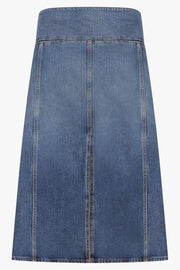 ALAIA RTW Low-Waist Front Slit Denim Midi Skirt | Blue Flash