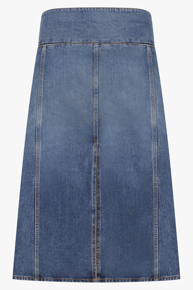 ALAIA RTW Low-Waist Front Slit Denim Midi Skirt | Blue Flash