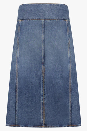 ALAIA RTW Low-Waist Front Slit Denim Midi Skirt | Blue Flash