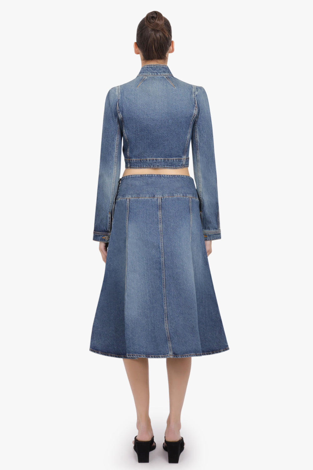 ALAIA RTW Low-Waist Front Slit Denim Midi Skirt | Blue Flash