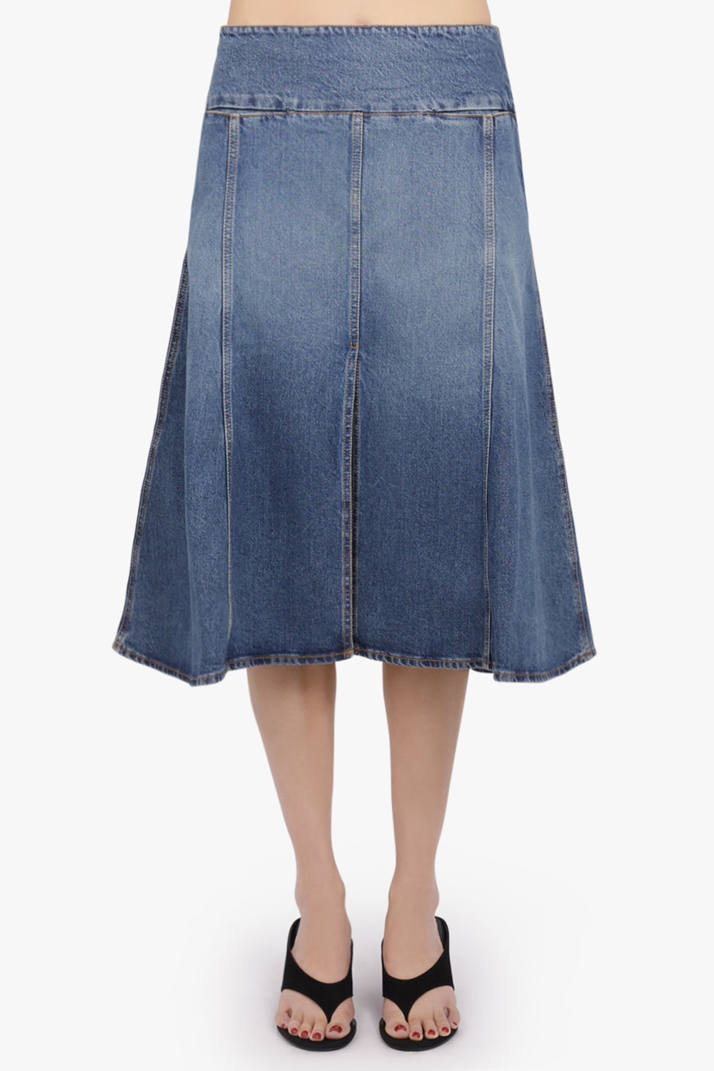 ALAIA RTW Low-Waist Front Slit Denim Midi Skirt | Blue Flash