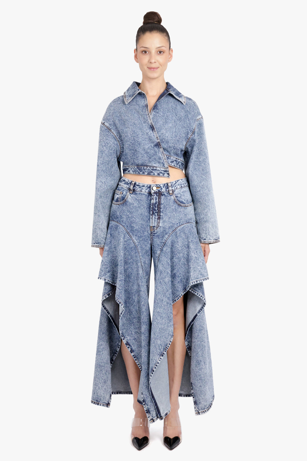 ALAIA RTW Spiral Wrap Cropped L/S Denim Jacket | Snow Blue