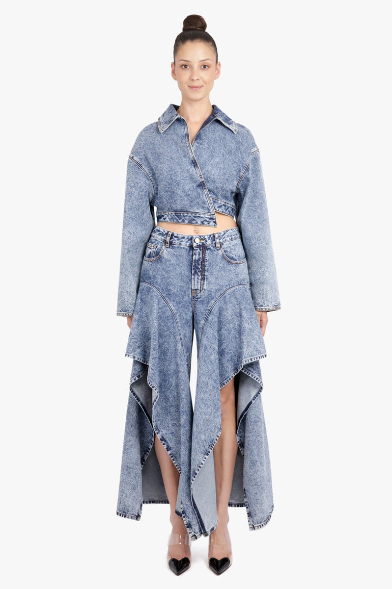 ALAIA RTW Spiral Wrap Cropped L/S Denim Jacket | Snow Blue
