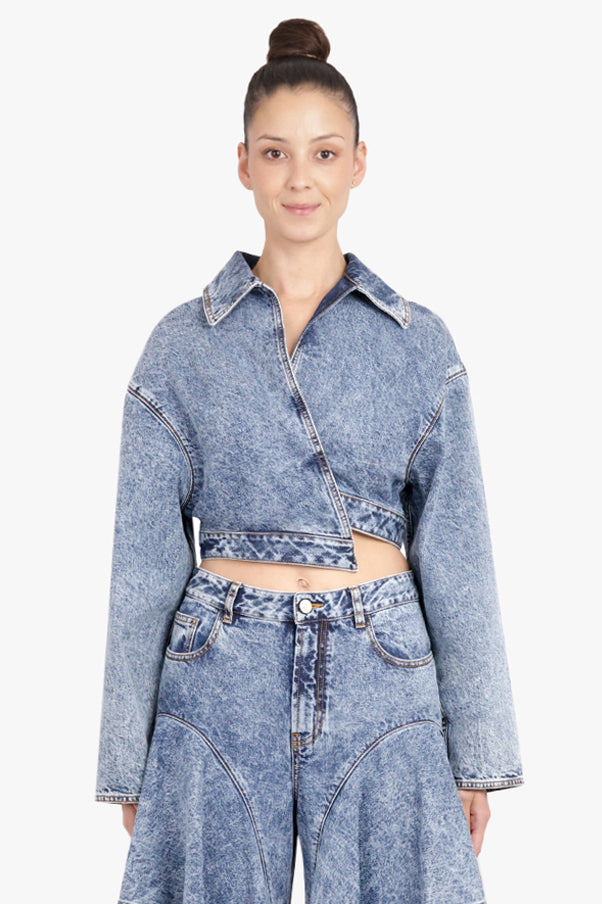 ALAIA RTW Spiral Wrap Cropped L/S Denim Jacket | Snow Blue